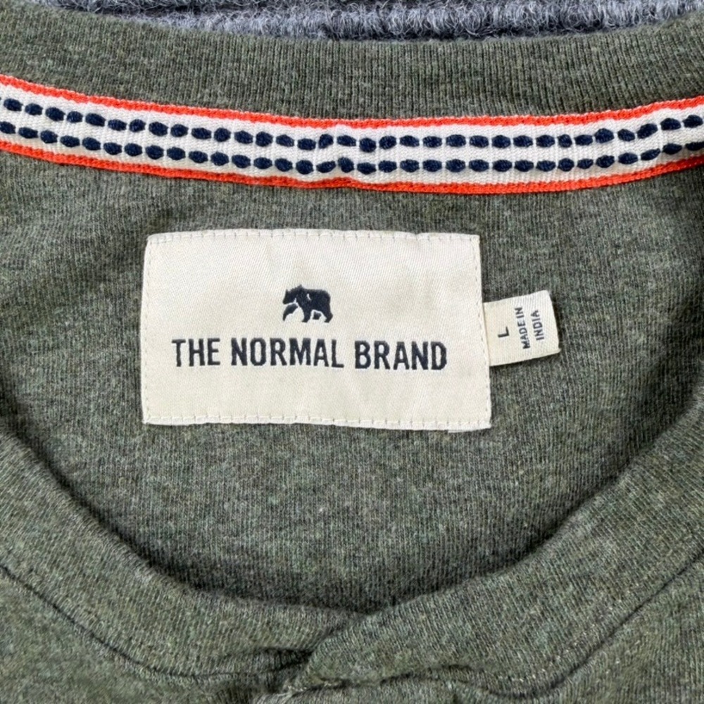 The Normal Brand Mens Large Olive Green Long Sleeve Raglan Henley Shirt Casual - Picture 5 of 11